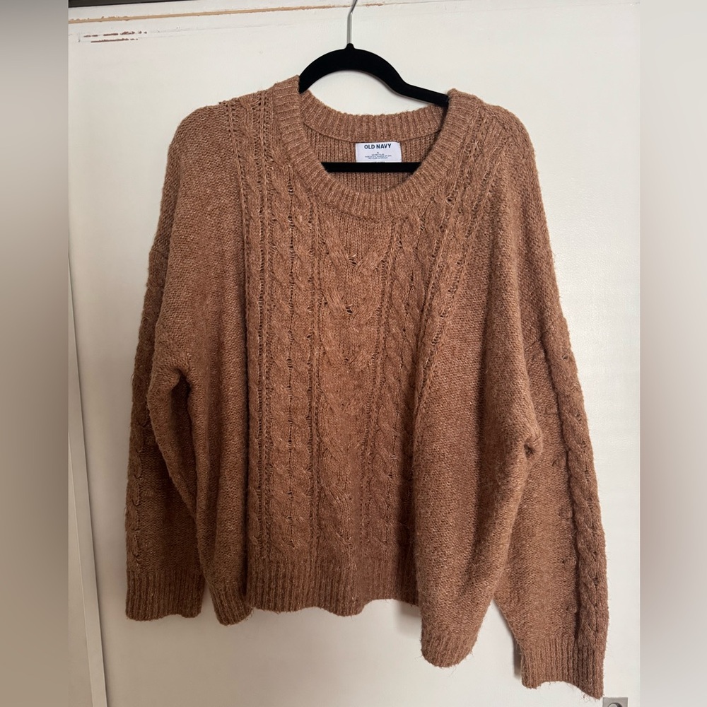Crew Neck Cable Knit Tan Sweater